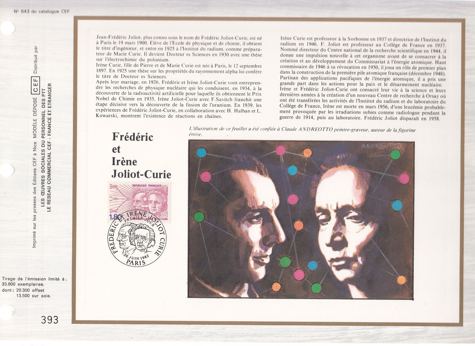 DOCUMENT CEF PREMIER JOUR 1982 FREDERIC ET IRENE JOLIOT CURIE 400346111051