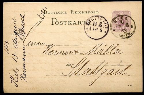 ENTIER POSTALE DEUTSCHE REICHSPOST KIEL STUTTGART 1883 120683546141