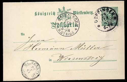 ENTIER POSTALE WURTTEMBERG COPPINGEN 1891 120685005141