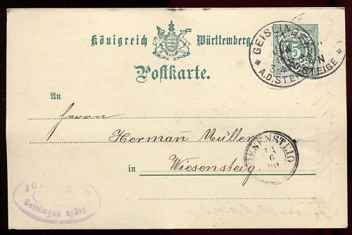 ENTIER POSTALE WURTTEMBERG GEISLINGEN 1890 120684048561