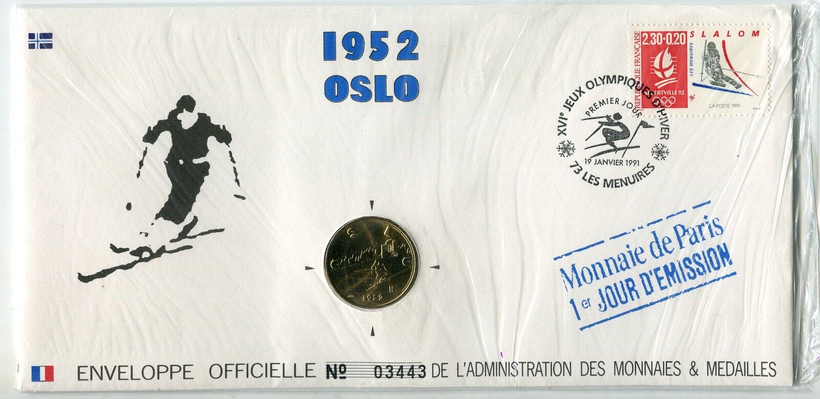 ENVELOPPE OFFICIELLE MONNAIE DE PARIS JO 1992 ALBERTVILLE 1952 OSLO 401548468401