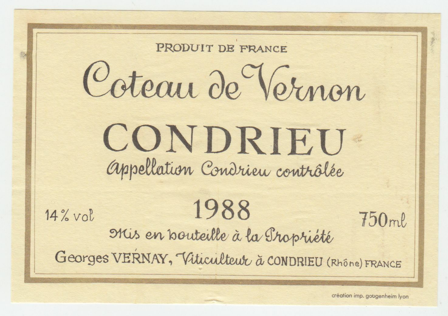 ETIQUETTE DE VIN 1988 COTEAU DE VERNON CONDRIEU 124461948571