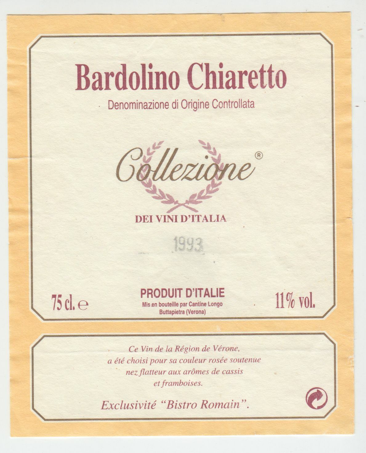 ETIQUETTE DE VIN BARDOLINO CHIARETTO COLLEZIONE 1993 ITALIE 402553003271