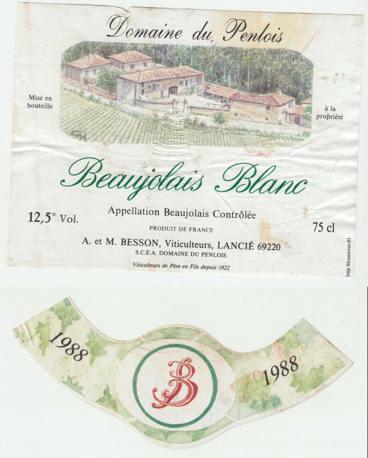 ETIQUETTE DE VIN BEAUJOLAIS DOMAINE DE PENLOIS 1988 402695573031