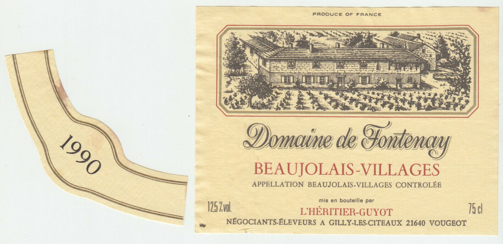 ETIQUETTE DE VIN BEAUJOLAIS VILLAGES 1990 DOMAINE DE FONTENAY HERITIER GUYOT 124576538621