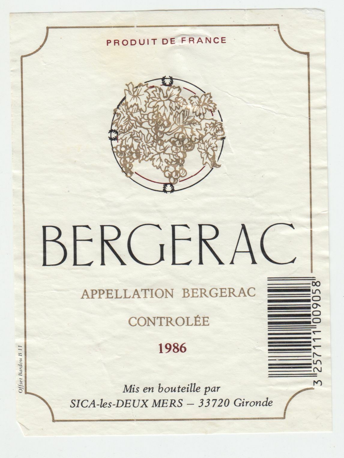 ETIQUETTE DE VIN BERGERAC 1986 124539262541