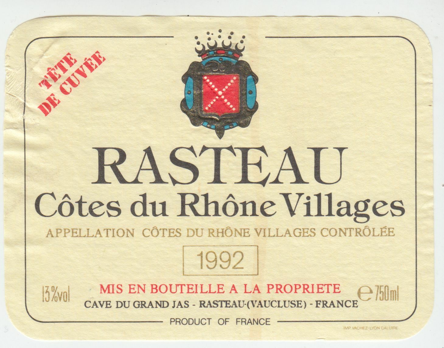 ETIQUETTE DE VIN BONS COTES DU RHONE VILLAGES 1992 RASTEAU 124461947821