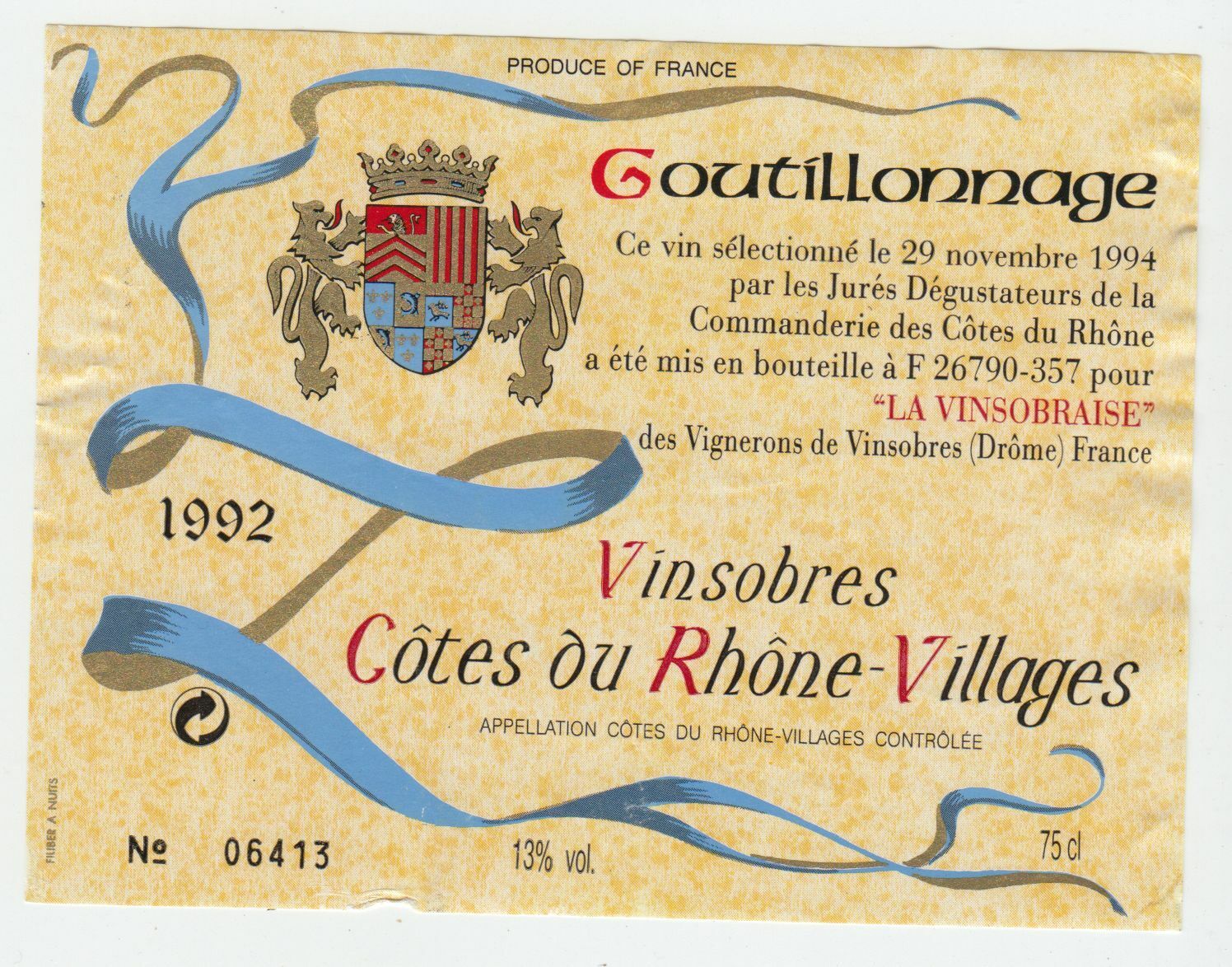 ETIQUETTE DE VIN BONS COTES DU RHONE VILLAGES 1992 VINSOBRES GOUTILLONNAGE 402581825561