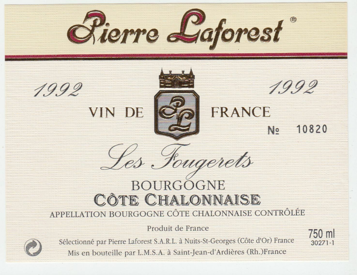 ETIQUETTE DE VIN BOURGOGNE COTE CHALONNAISE 1992 LES FOUGERETS 124555697061