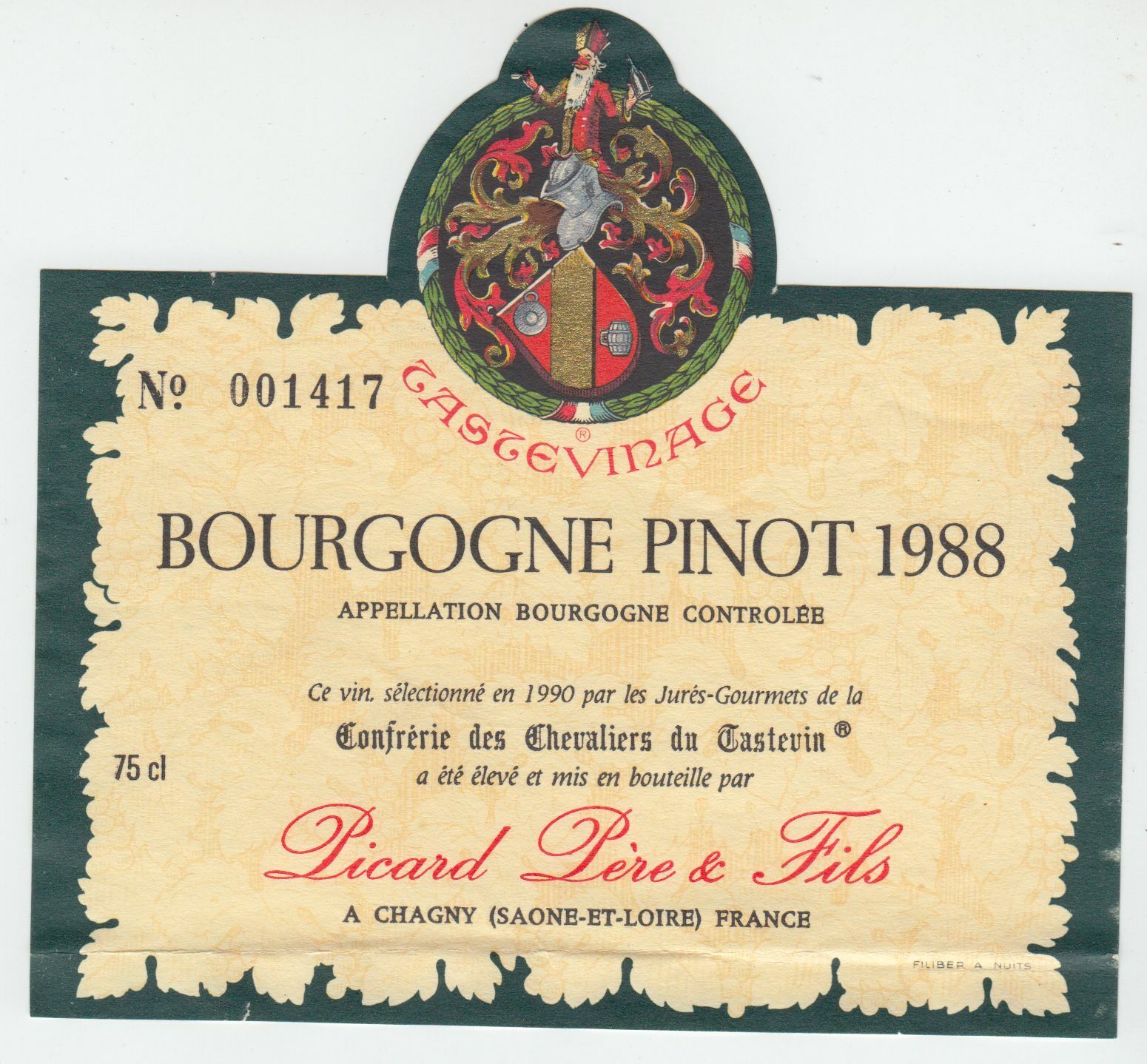 ETIQUETTE DE VIN BOURGOGNE PINOT 1988 PICARD PERE ET FILS 402673357281