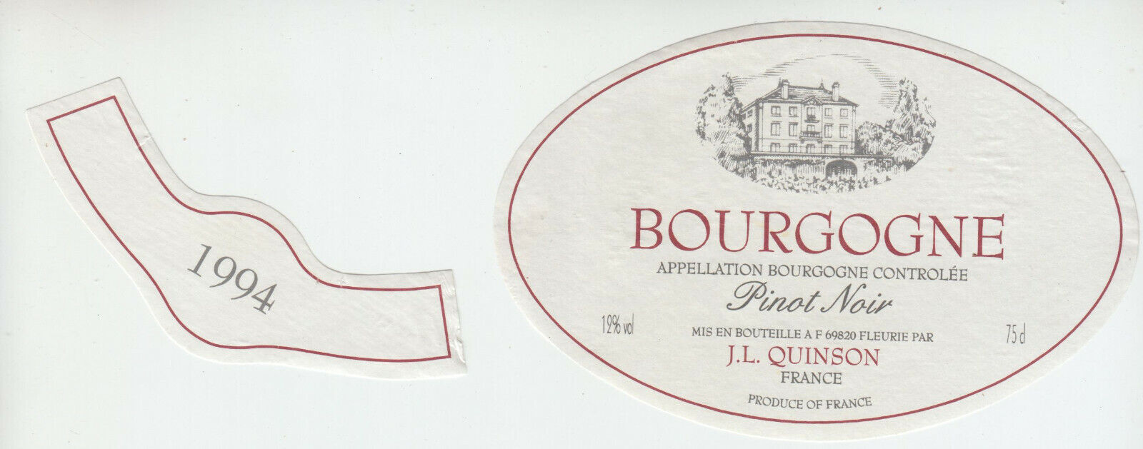 ETIQUETTE DE VIN BOURGOGNE PINOT NOIR JL QUINSON 1994 124555697021