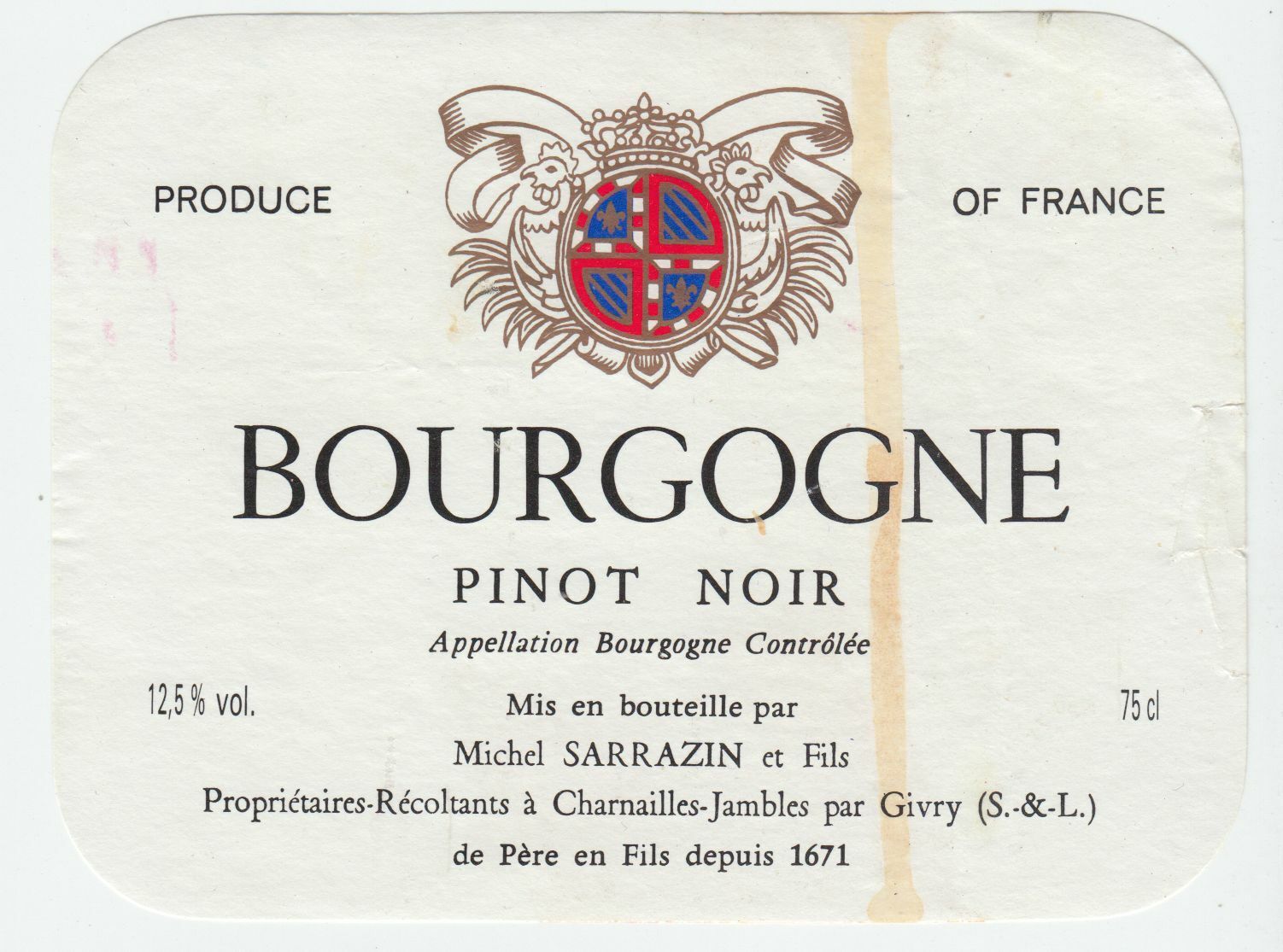 ETIQUETTE DE VIN BOURGOGNE PINOT NOIR MICHEL SARRAZIN ET FILS 124555697081