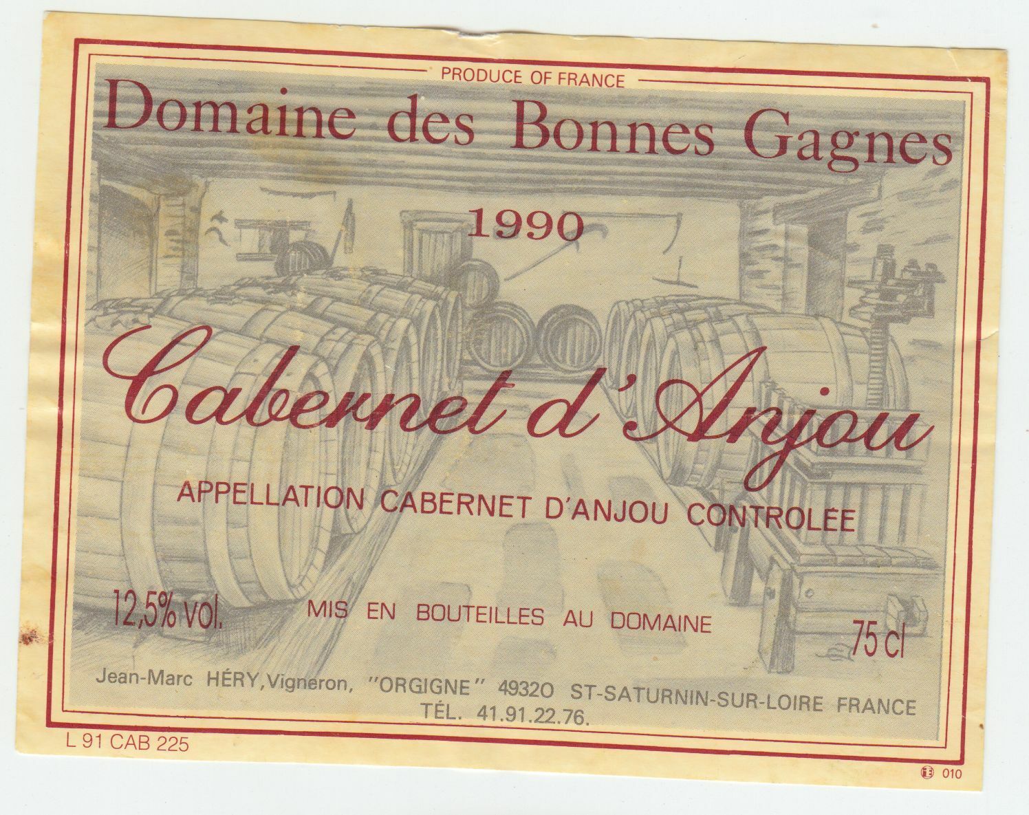 ETIQUETTE DE VIN CABERNET D ANJOU 1990 DOMAINE DES BONNES GAGNES 124511870191