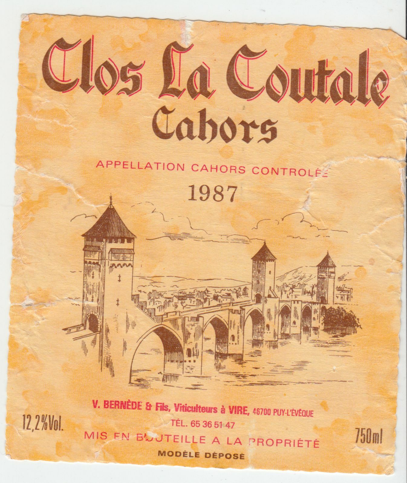 ETIQUETTE DE VIN CAHORS 1987 V BERNEDE ET FILS A VIRE 402669072071