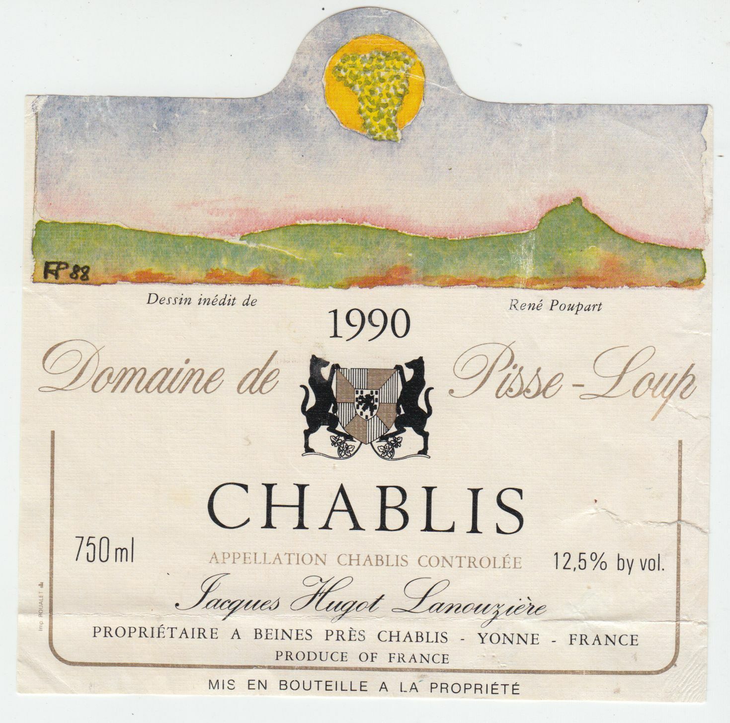 ETIQUETTE DE VIN CHABLIS 1990 DOMAINE DE PISSE LOUP 124463377091