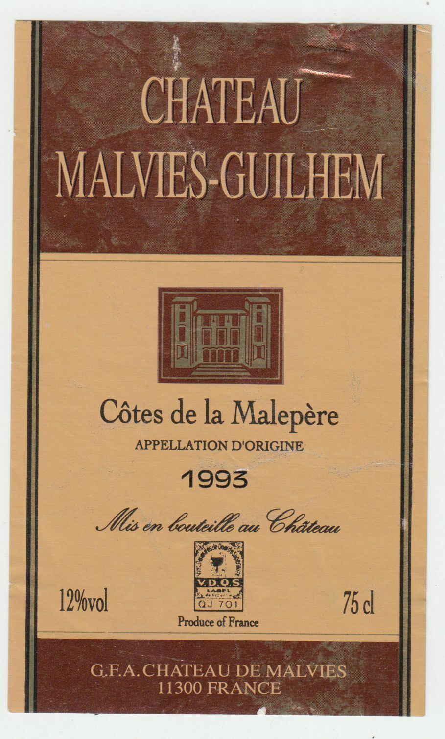 ETIQUETTE DE VIN CHATEAU MALVIES GUILHEM COTE DE LA MALEPERE 1993 402654737211