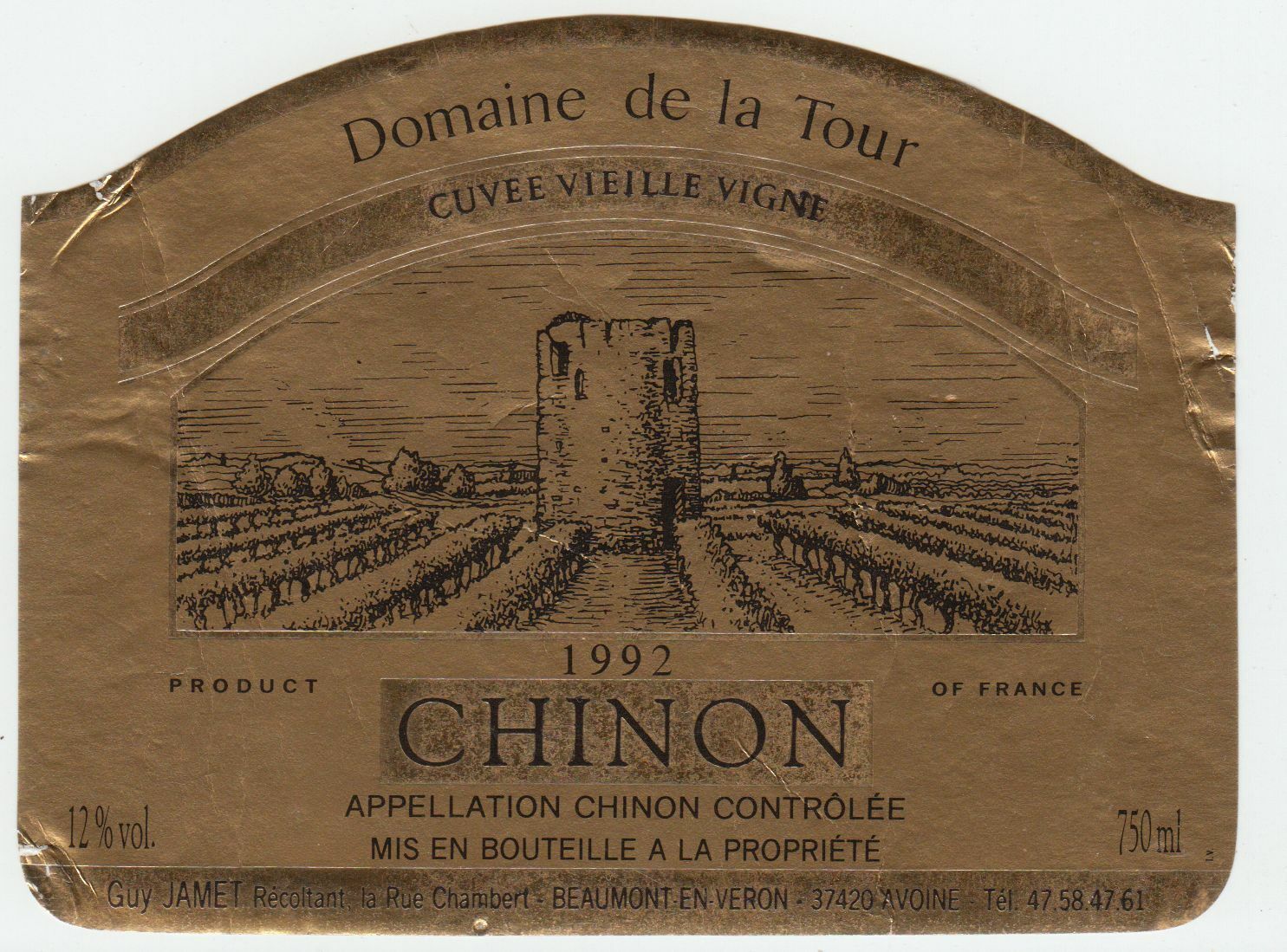 ETIQUETTE DE VIN CHINON 1992 DOMAINE DE LA TOUR 402631697871