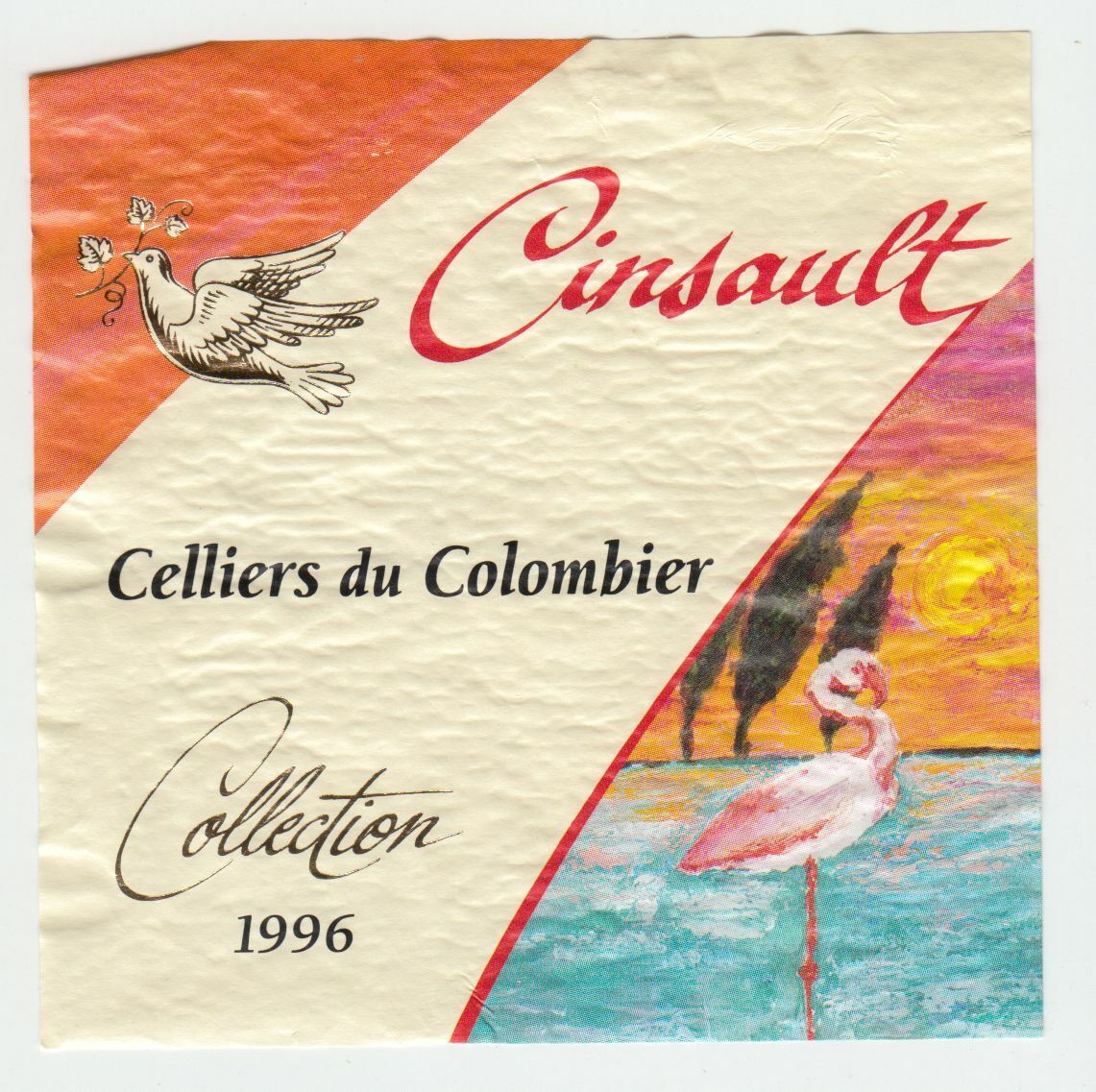 ETIQUETTE DE VIN CINSAULT CELLIER DU COLOMBIER 1996 FLAMANT ROSE 402553005741