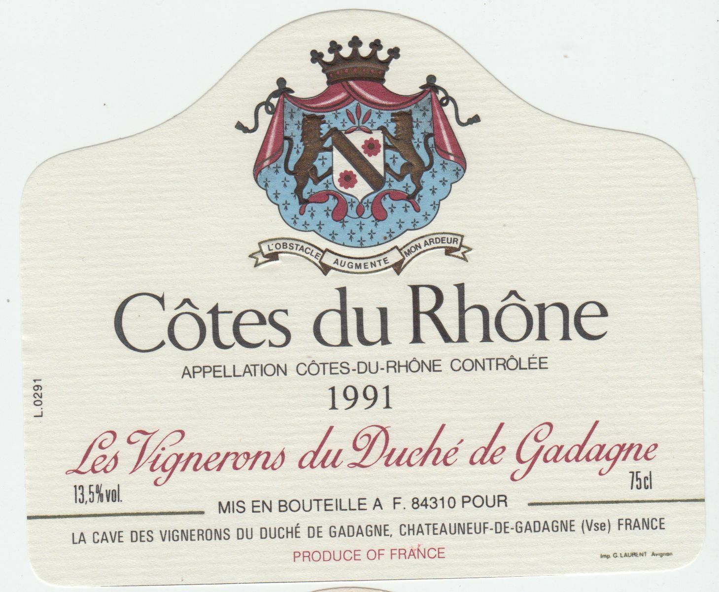 ETIQUETTE DE VIN COTES DU RHONE 1991 DUCHE DE GADAGNE 124552112041