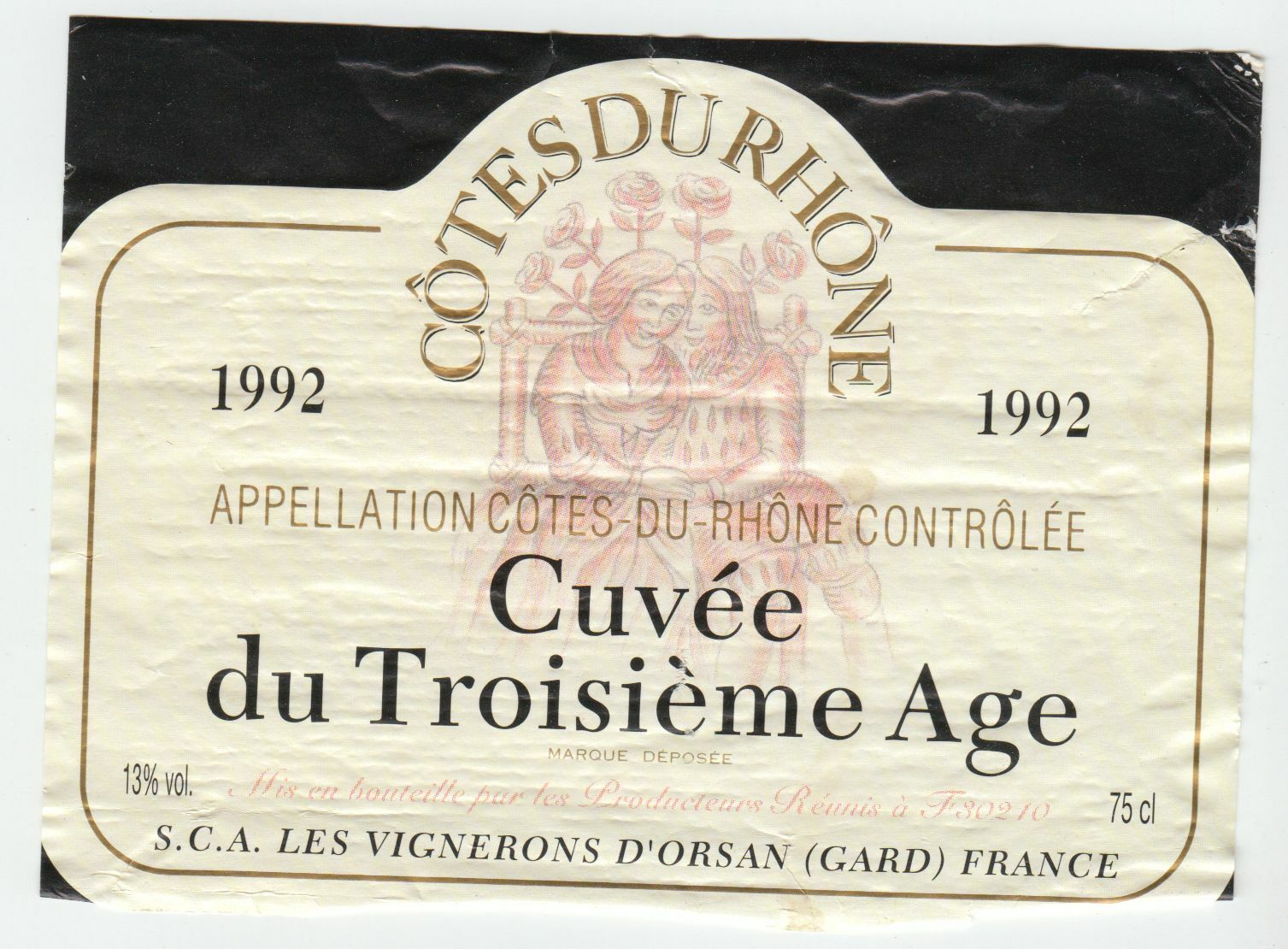 ETIQUETTE DE VIN COTES DU RHONE 1992 CUVEE DU TROISIEME AGE ORSAN GARD 402581822441