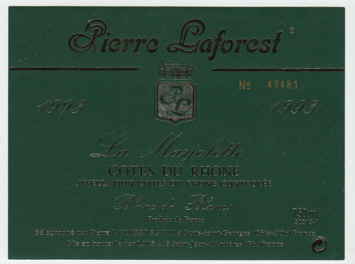 ETIQUETTE DE VIN COTES DU RHONE PIERRE LAFOREST 1993 LA MARJOLETTE 124461944691