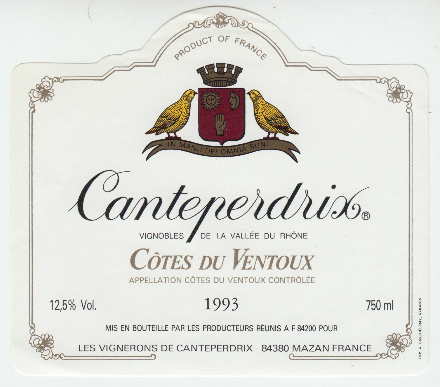 ETIQUETTE DE VIN COTES DU VENTOUX 1993 CANTEPERDRIX 124461948551