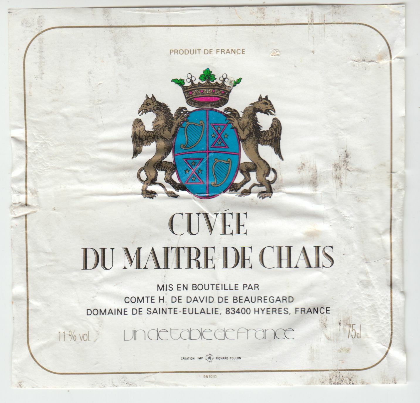 ETIQUETTE DE VIN CUVEE DU MAITRE DE CHAIS DAVID DE BEAUREGARD HYERES VAR 402553006711