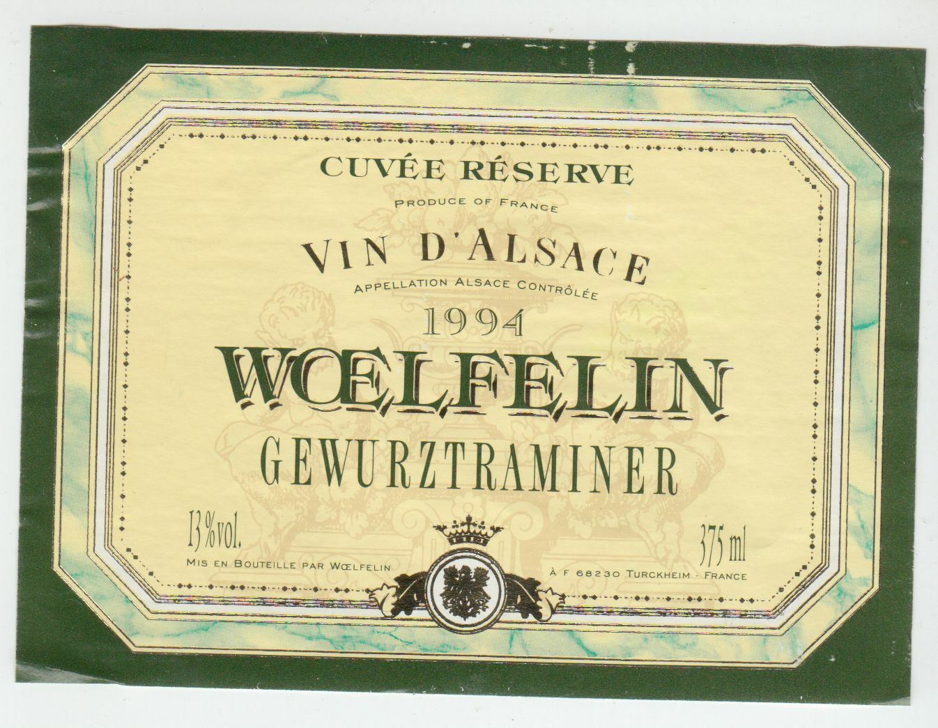 ETIQUETTE DE VIN D ALSACE GEWURZTRAMINER 1994 WOELFELIN 402631696651