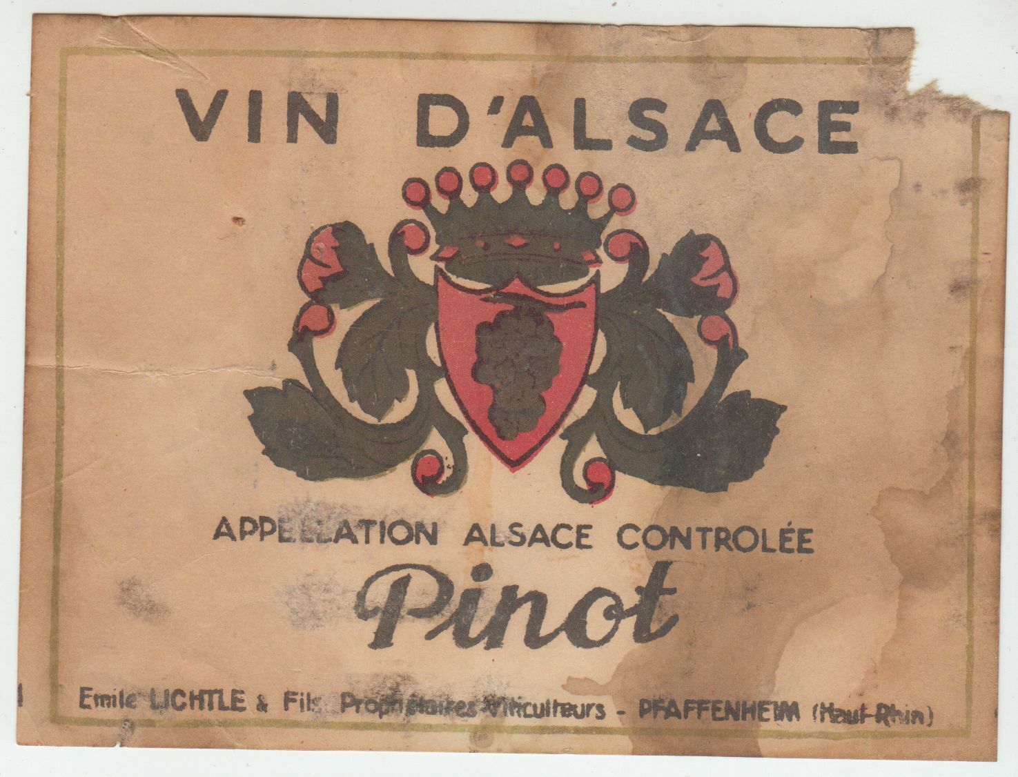 ETIQUETTE DE VIN D ALSACE PINOT EMILE LICHTLE 402631696681