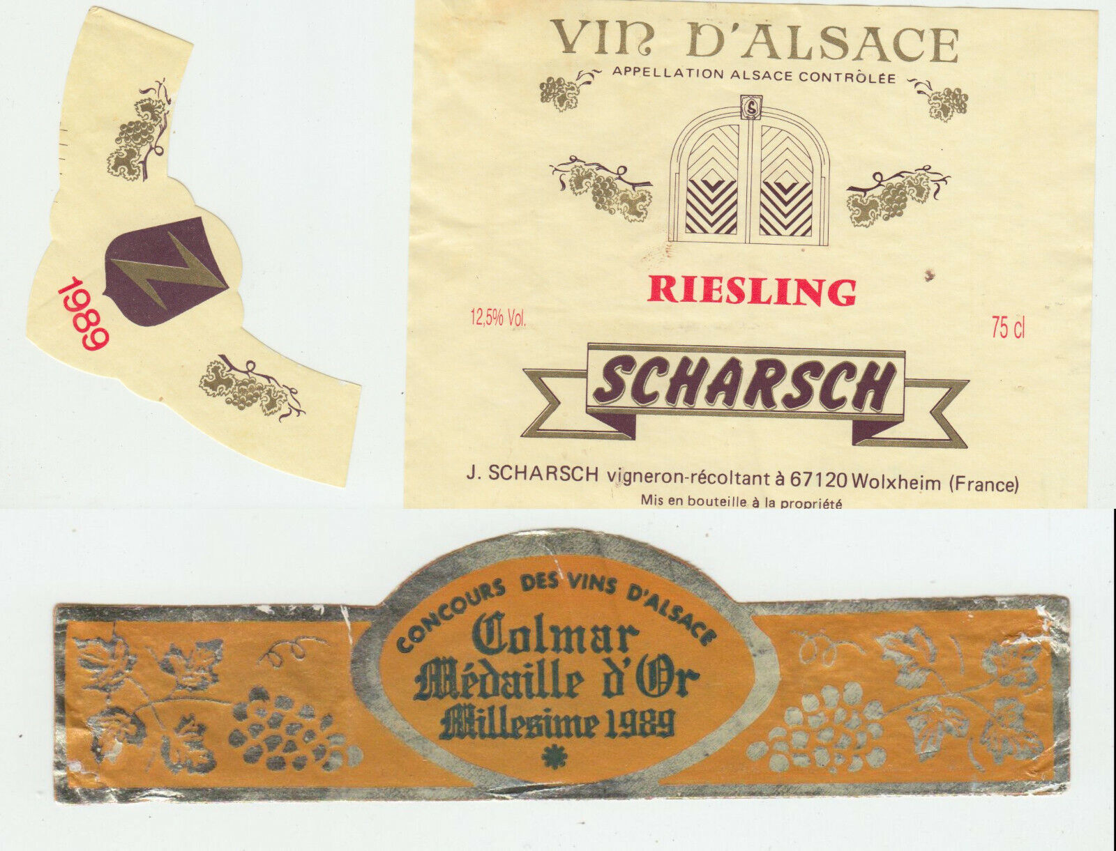 ETIQUETTE DE VIN D ALSACE RIESLING 1989 COLMAR MEDAILLE D OR J SCHARSCH 402631696641