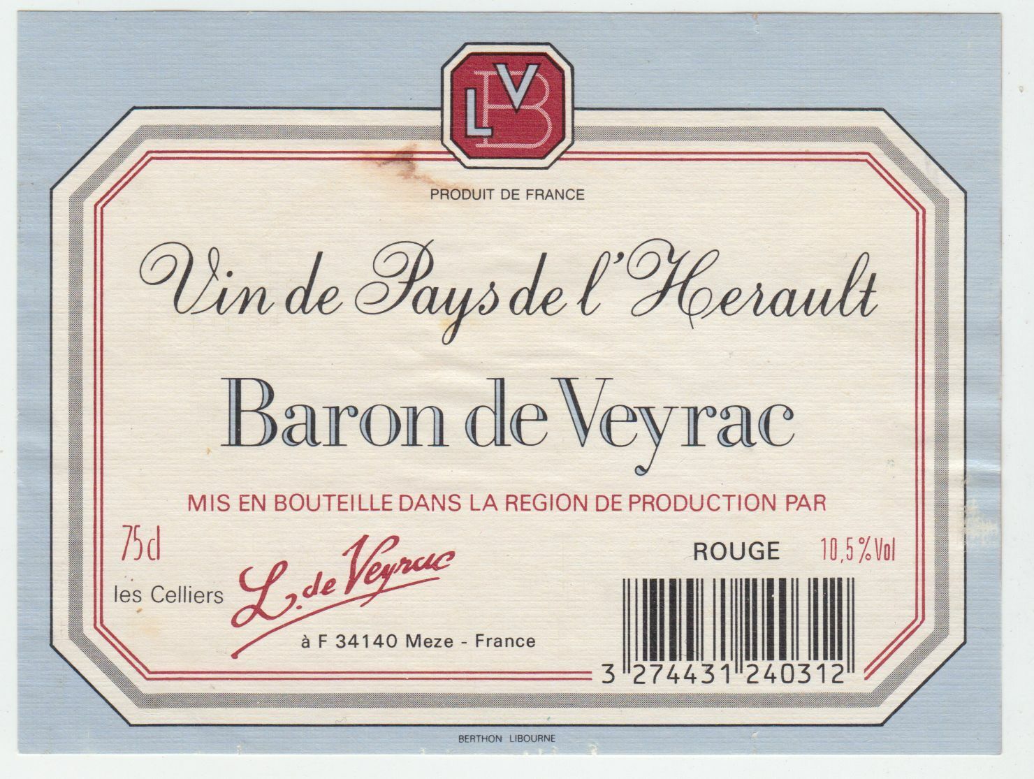 ETIQUETTE DE VIN DE PAYS DE L HERAULT BARON DE VEYRAC 402690973591