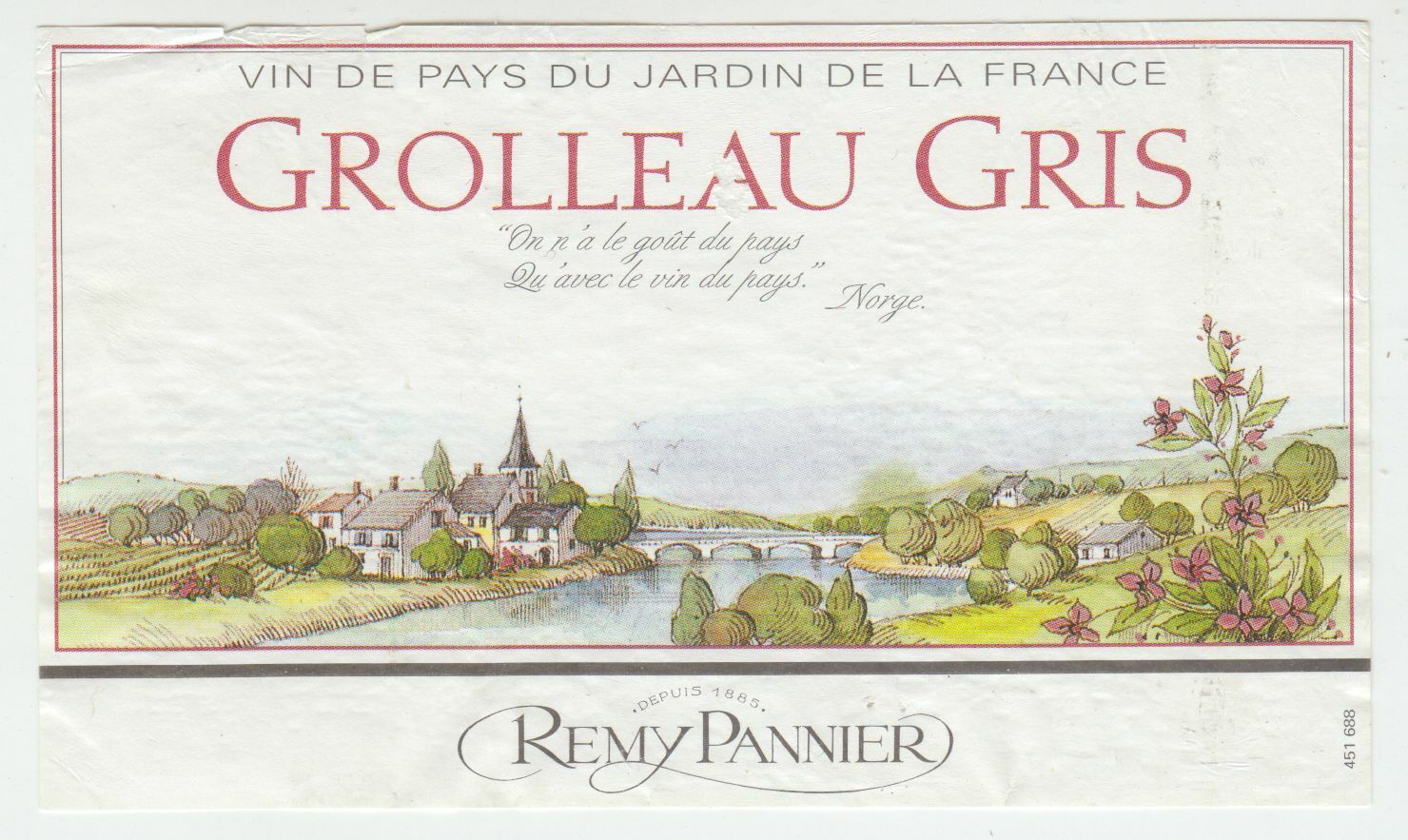 ETIQUETTE DE VIN DE PAYS DU JARDIN DE LA FRANCE GROLLEAU GRIS REMY PANNIER 402690973561