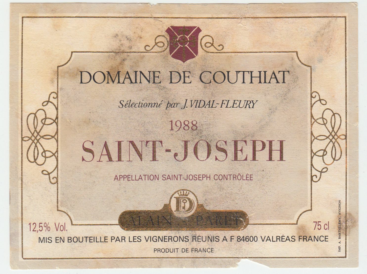 ETIQUETTE DE VIN DOMAINE DE COUTHIAT 1988 SAINT JOSEPH ALAIN BARET 402581826091