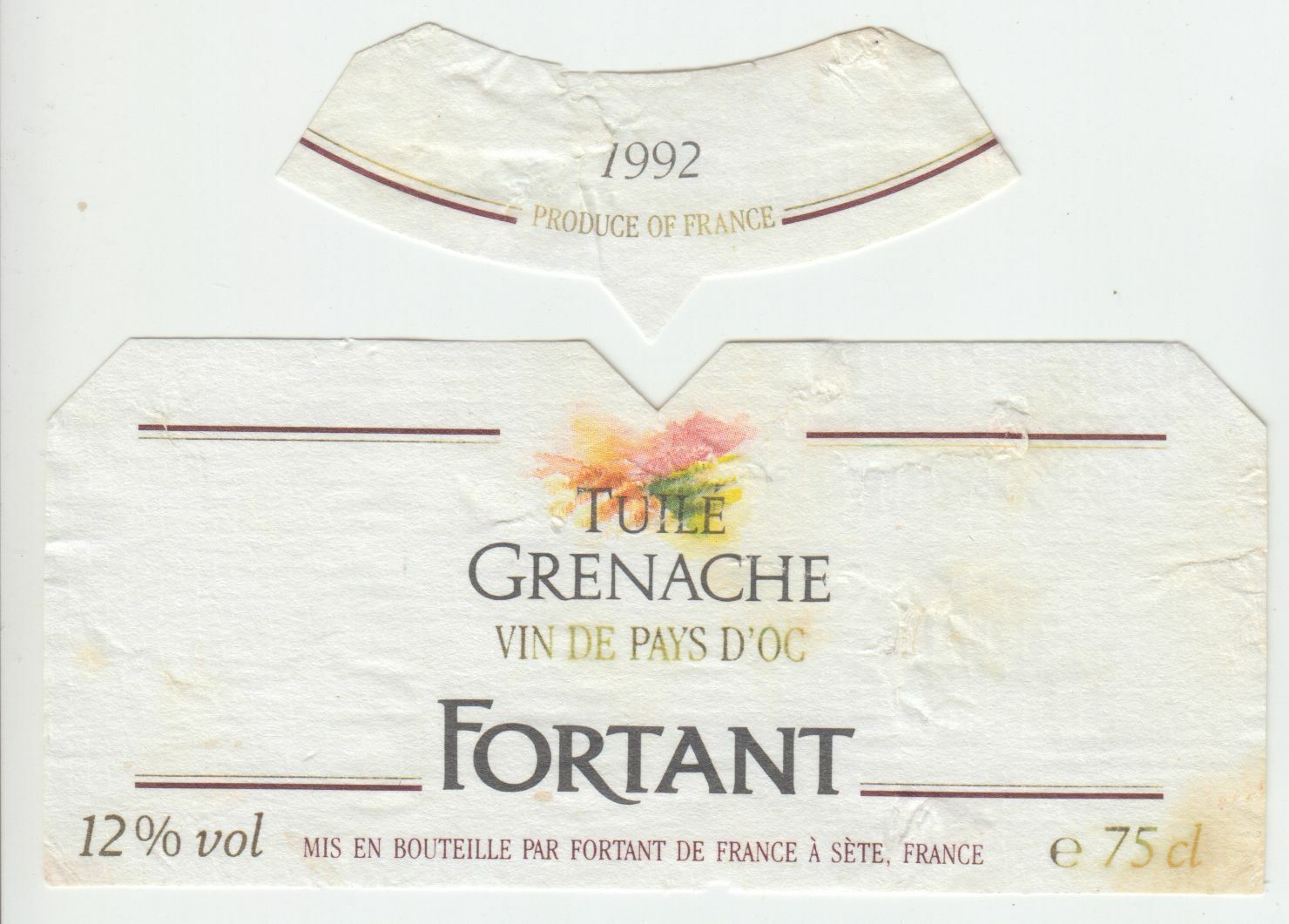 ETIQUETTE DE VIN DU PAYS D OC 1992 TUILE GRENACHE FORTANT 124572490031