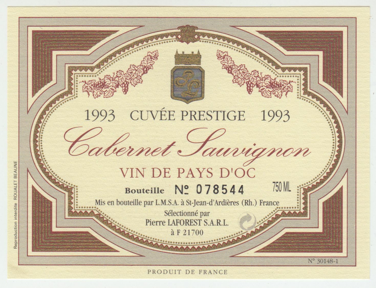 ETIQUETTE DE VIN DU PAYS D OC 1993 CUVEE PRESTIGE CABERNET SAUVIGNON NUMEROTE 402690973611