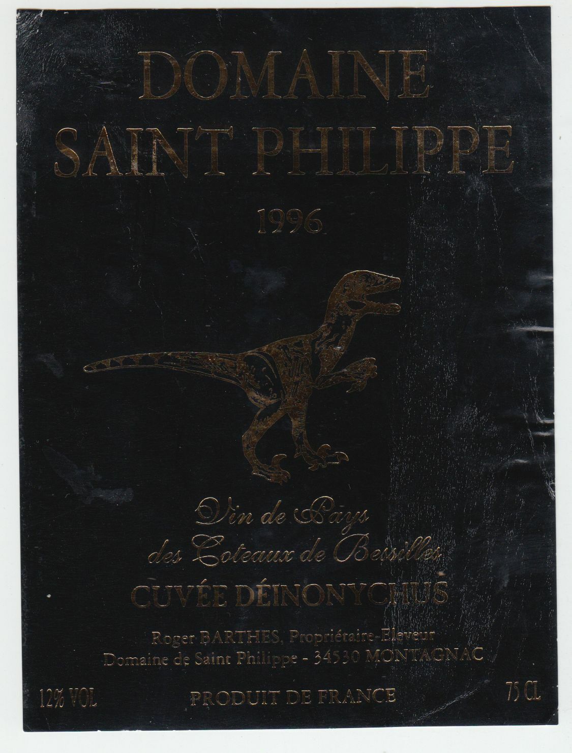 ETIQUETTE DE VIN DU PAYS DES COTEAUX DE BESSILLES DOMAINE ST PHILIPPE 1996 T REX 124576538611