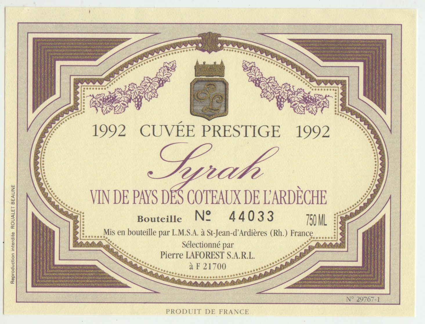 ETIQUETTE DE VIN DU PAYS DES COTEAUX DE L ARDECHE 1992 SYRAH 402695572991