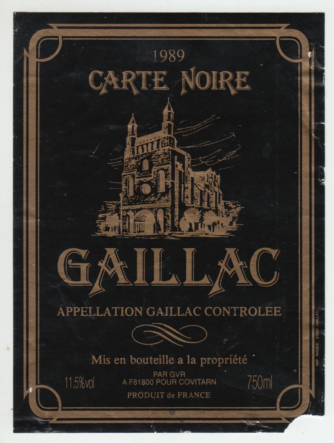 ETIQUETTE DE VIN GAILLAC 1989 CARTE NOIRE 124552112021