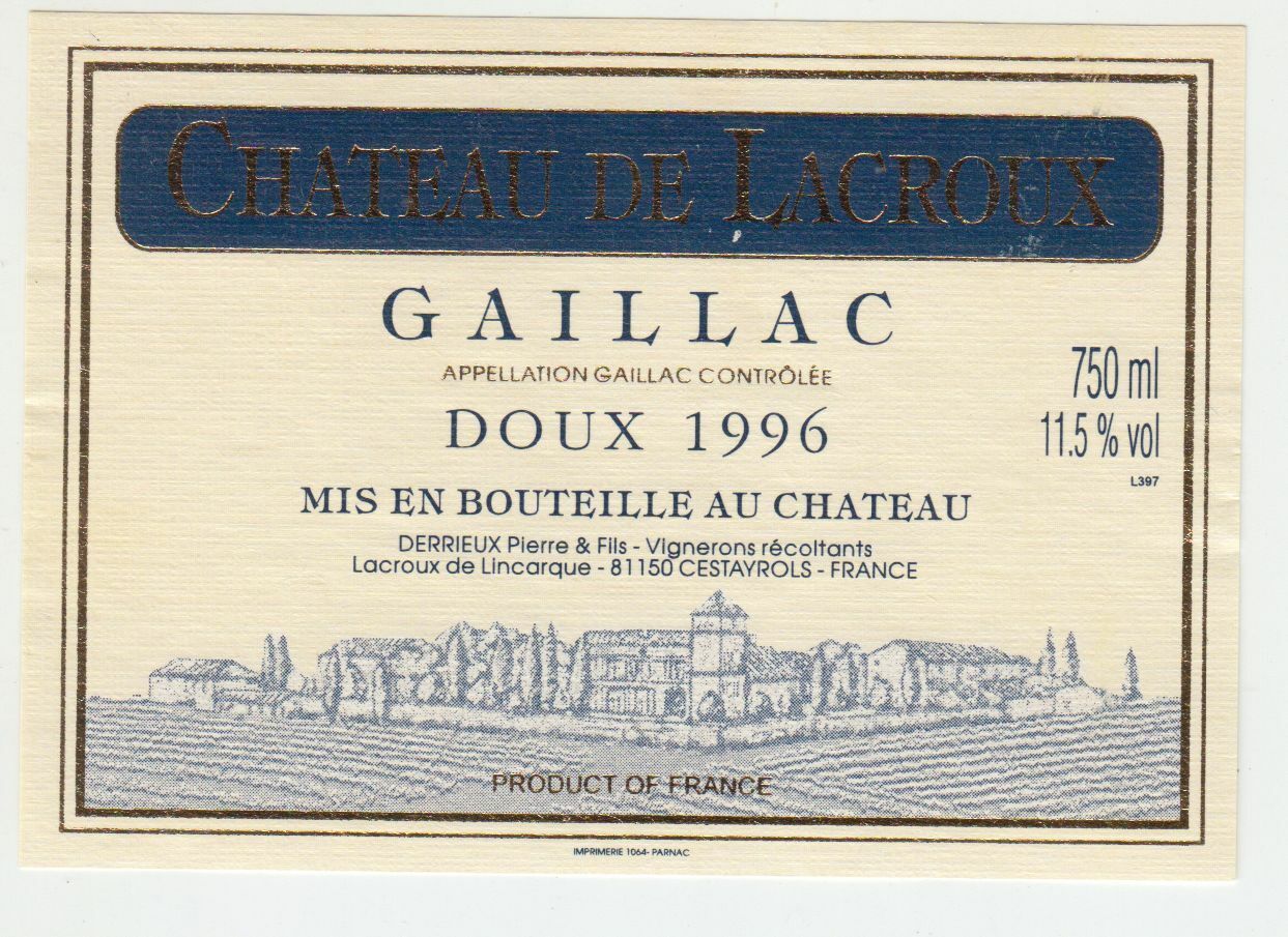 ETIQUETTE DE VIN GAILLAC 1996 CHATEAU DE LACROUX 402669072081