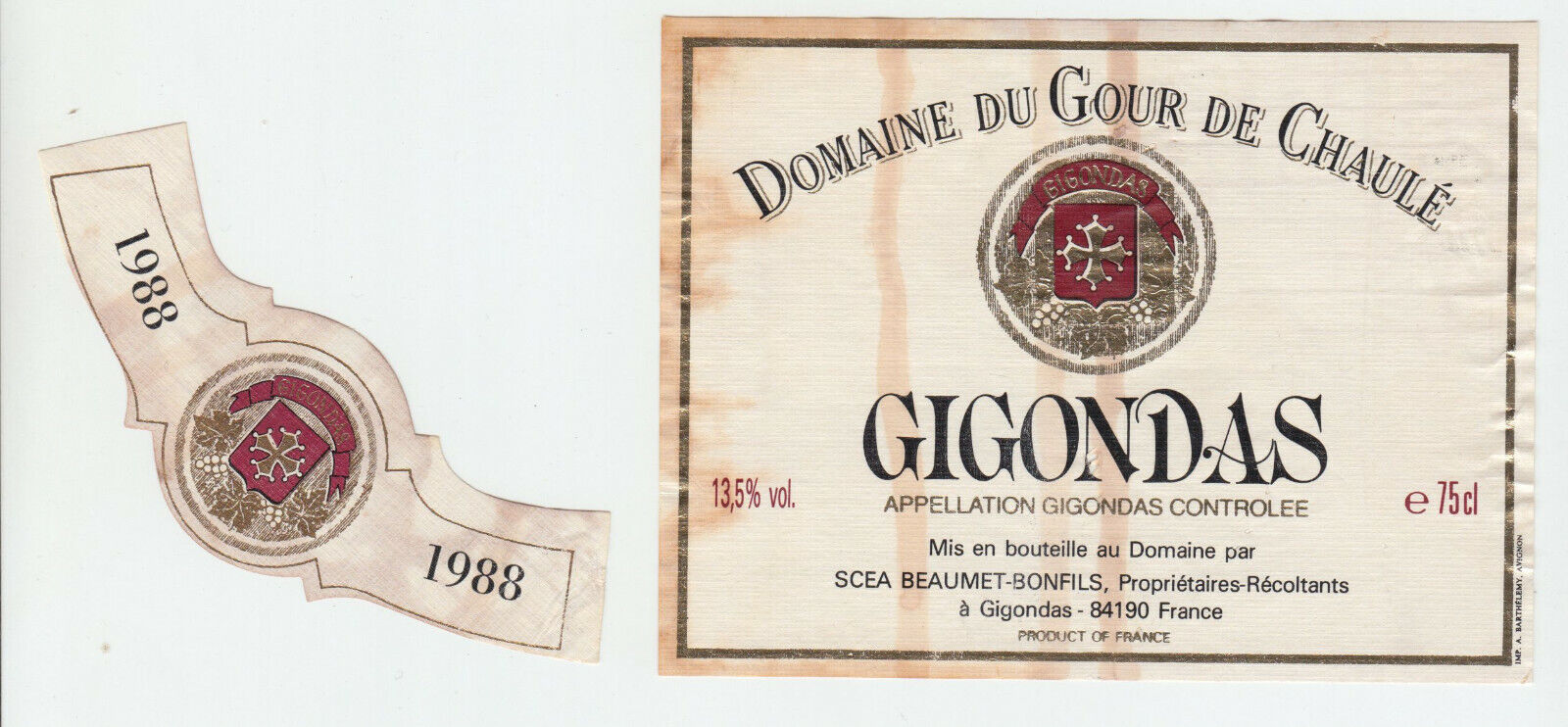 ETIQUETTE DE VIN GIGONDAS 1988 DOMAINE DU GOUR DE CHAULE 124461947791