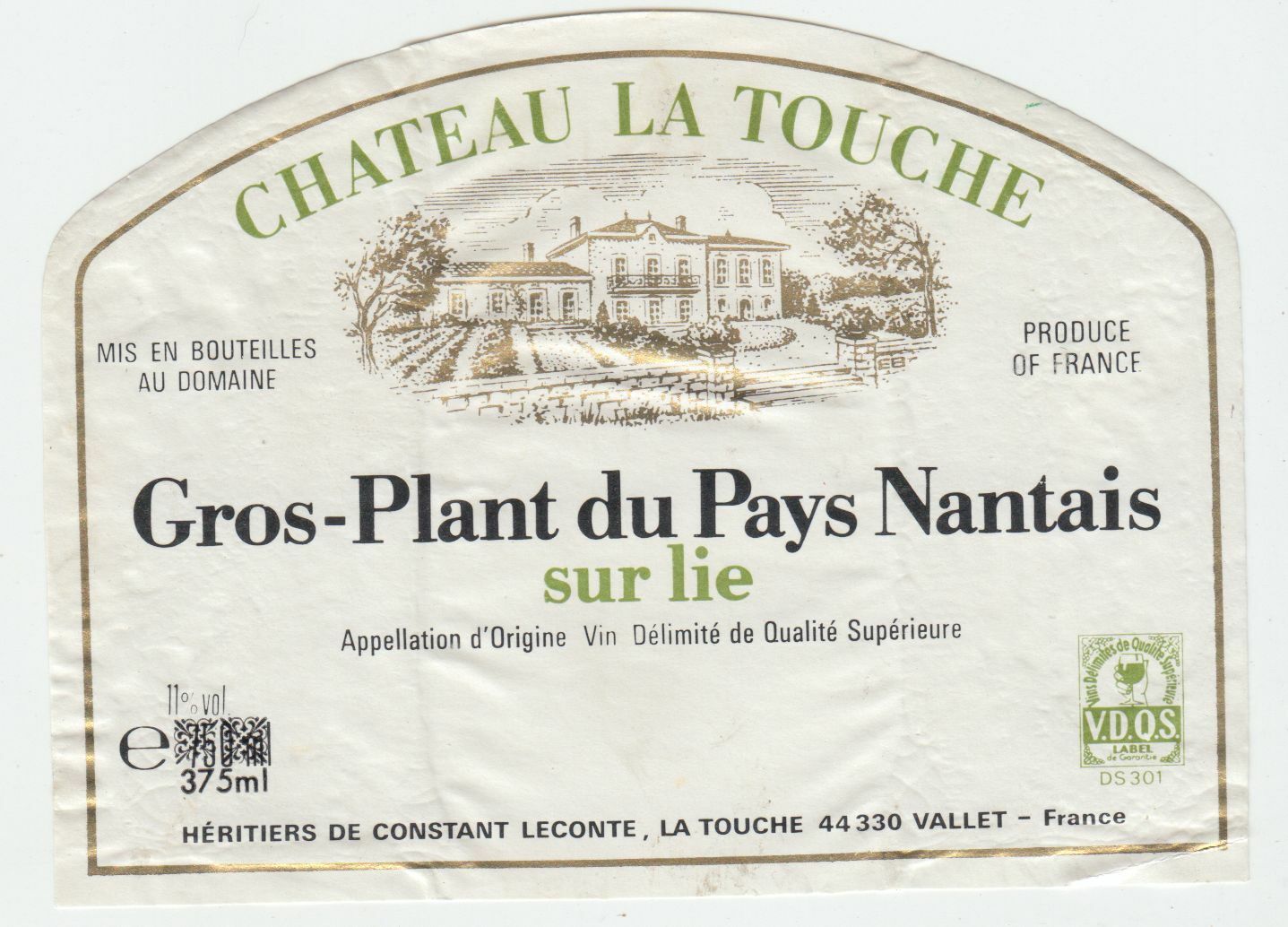 ETIQUETTE DE VIN GROS PLANT DU PAYS NANTAIS SUR LIE CHATEAU LA TOUCHE 402631698501