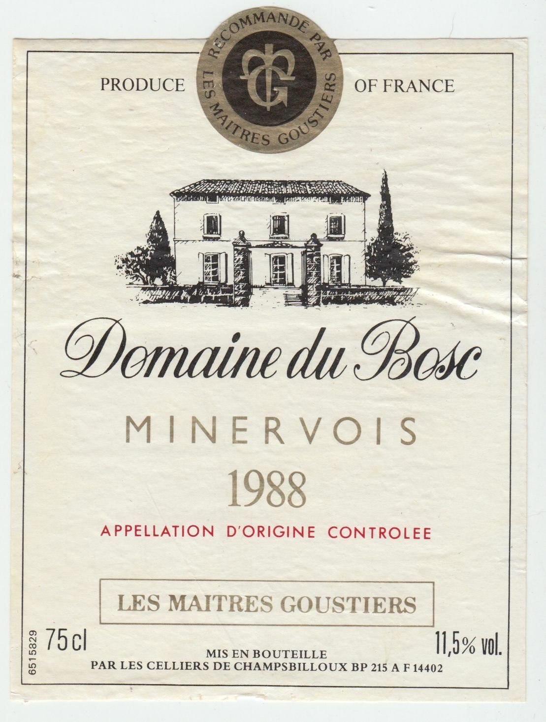 ETIQUETTE DE VIN MINERVOIS DOMAINE DU BOSC 1988 402654737201