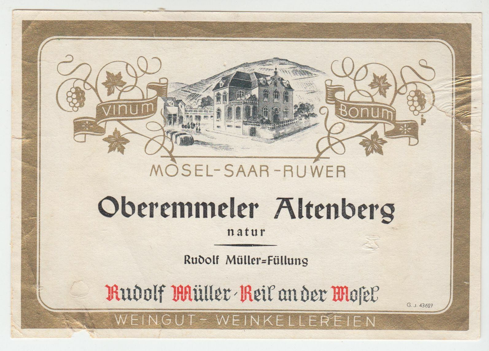 ETIQUETTE DE VIN MOSEL SAAR RUWER OBEREMMELER ZLTENBERG RUDOLF MULLER 402553003151