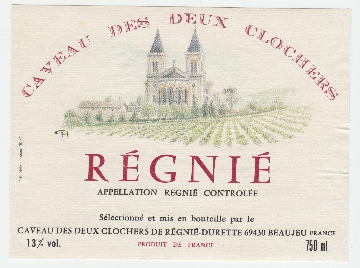 ETIQUETTE DE VIN REGNIE CAVEAU DES DEUX CLOCHERS 124552112011