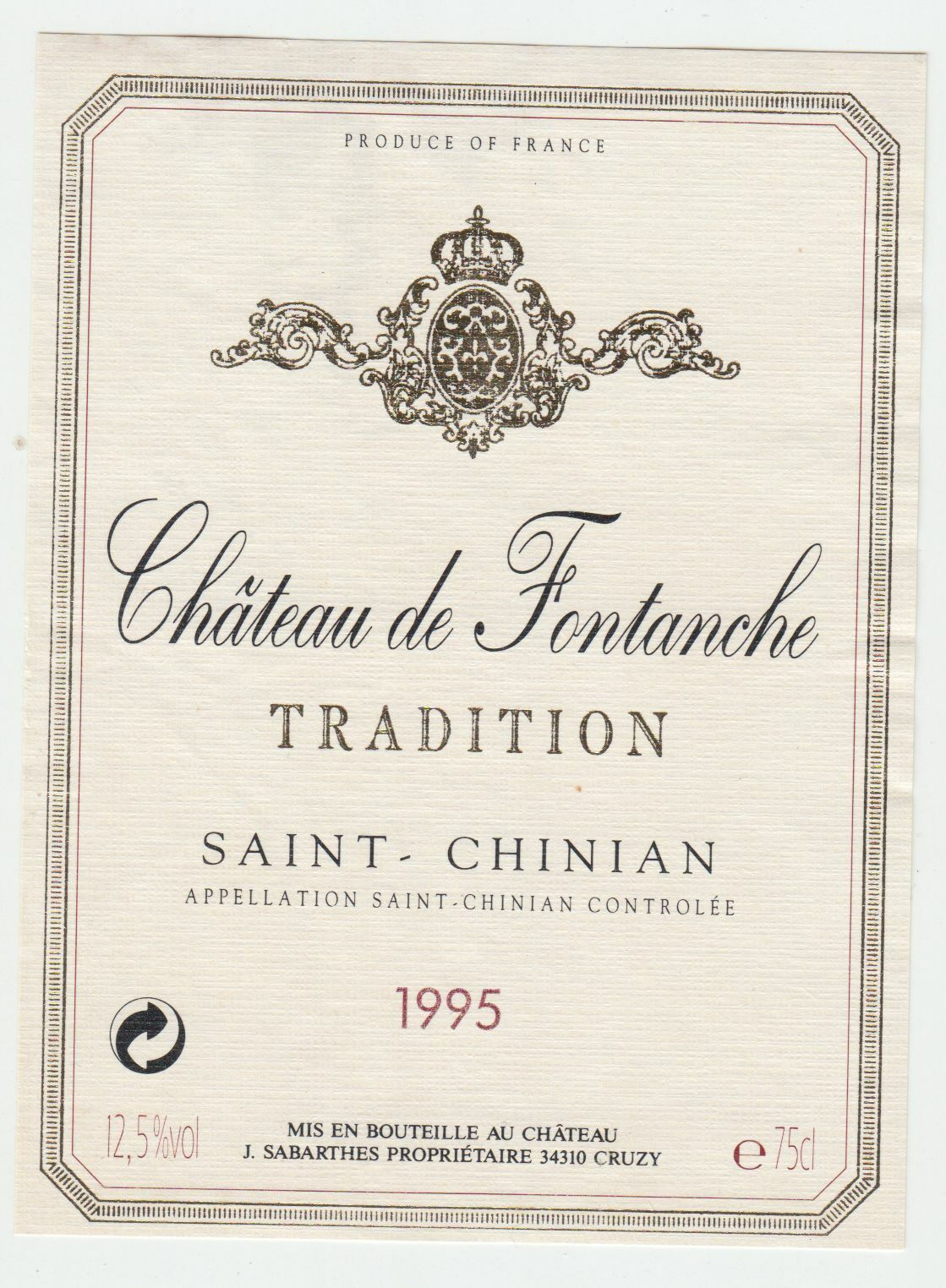 ETIQUETTE DE VIN SAINT CHINIAN 1995 CHATEAU DE FONTANCHE 124539262531