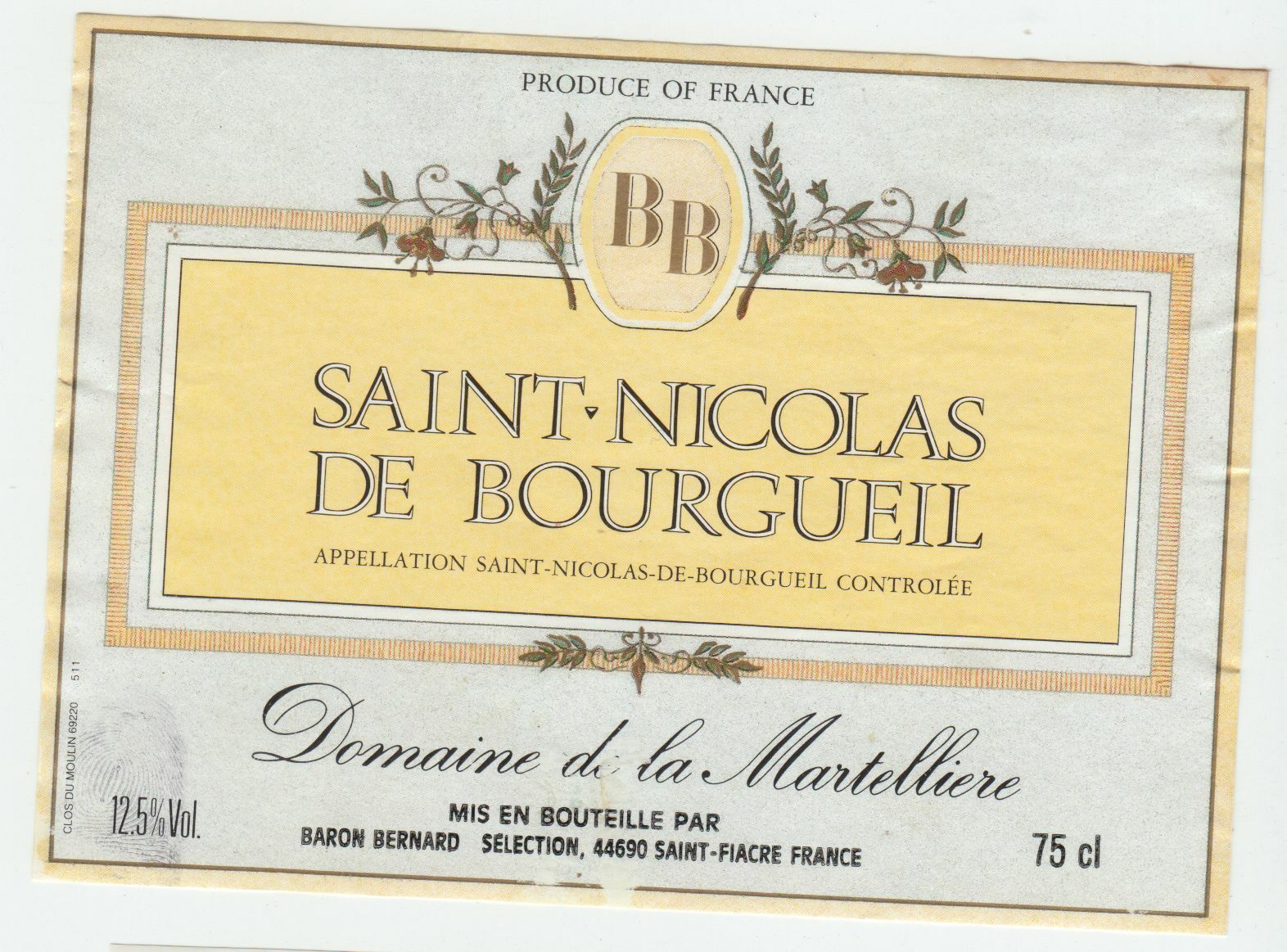 ETIQUETTE DE VIN SAINT NICOLAS DE BOURGUEIL DOMAINE DE LA MARTELLIERE 124511871041