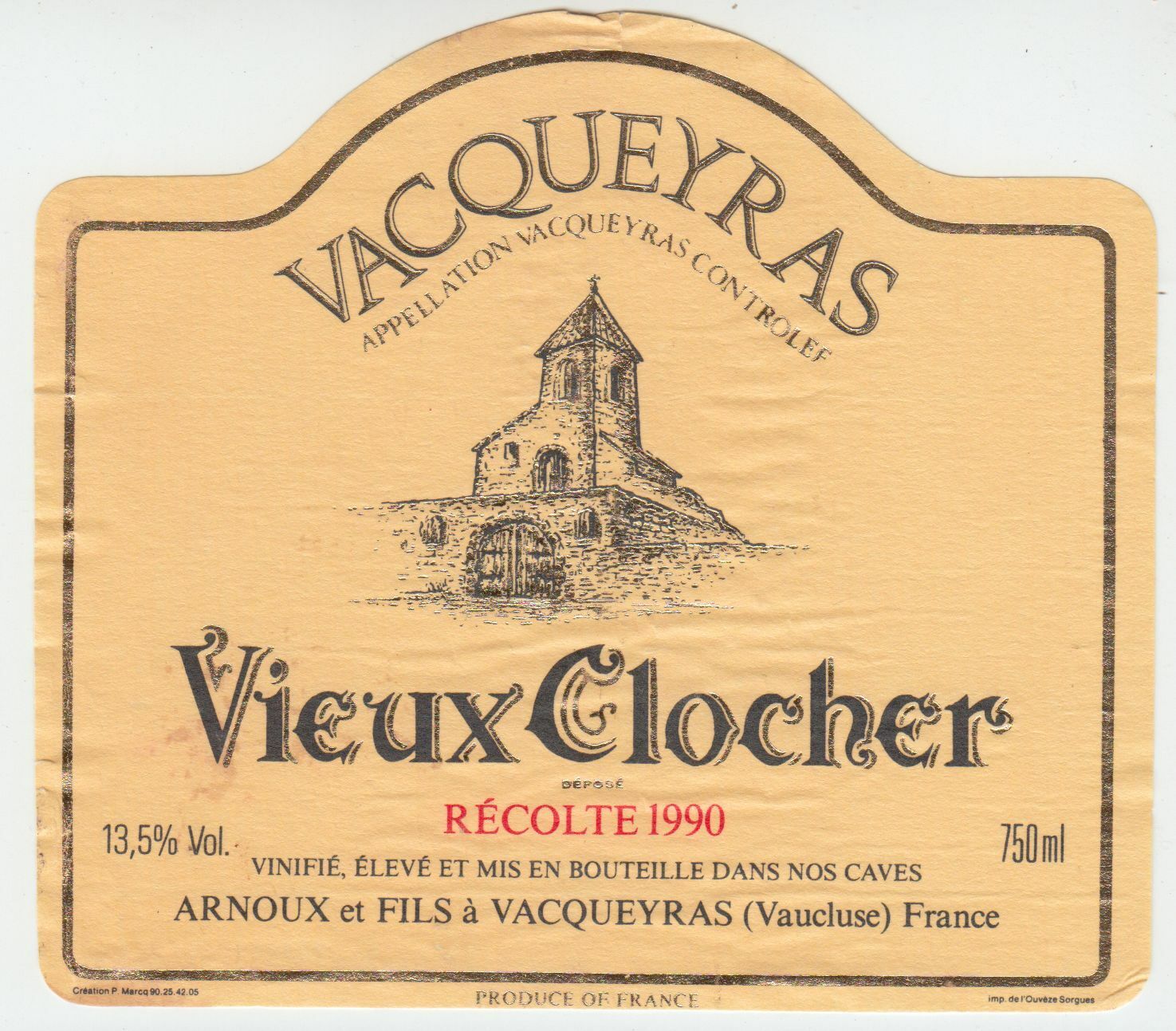 ETIQUETTE DE VIN VACQUEYRAS 1990 VIEUX CLOCHER ARNOUX ET FILS 124461947801