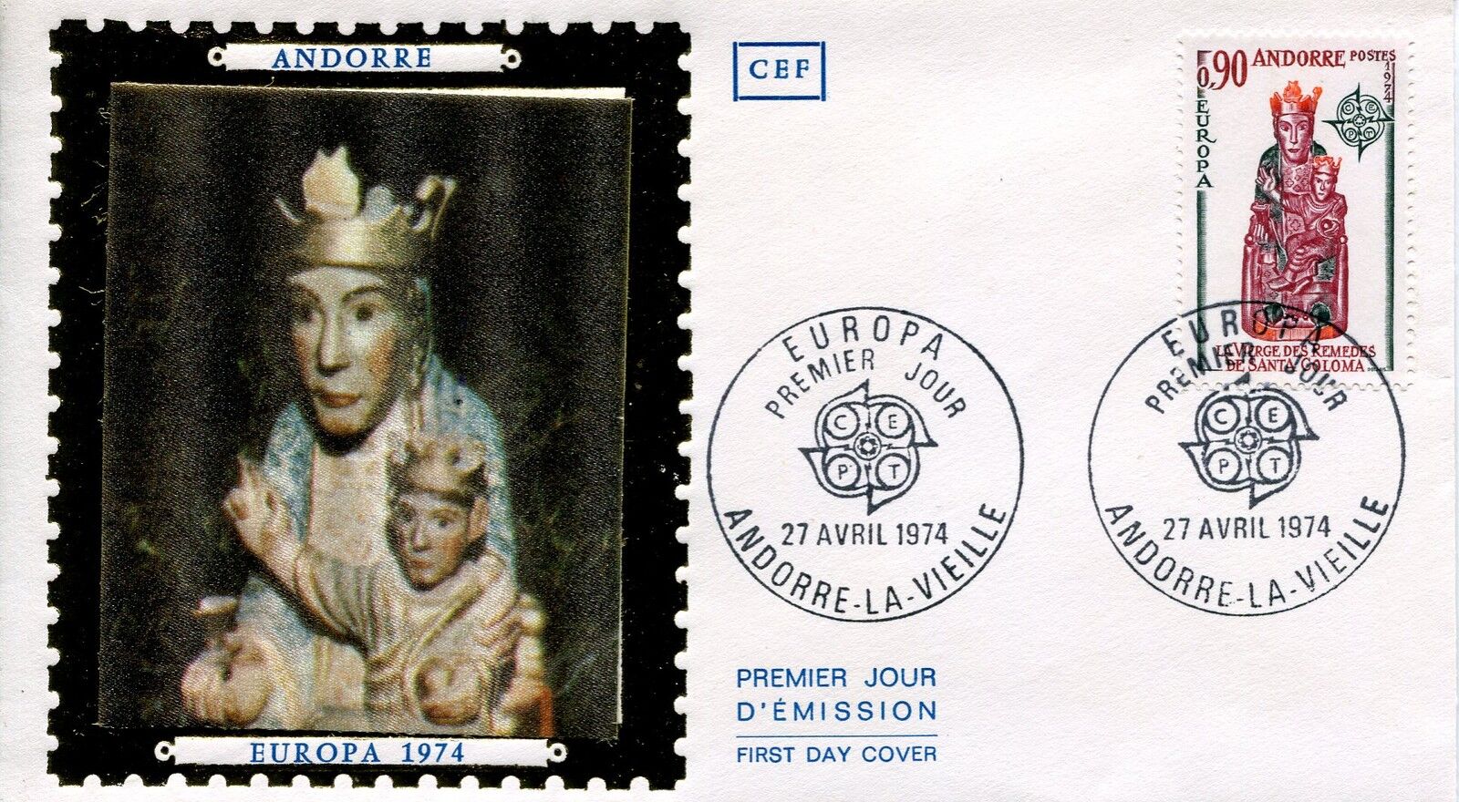 FDC PREMIER JOUR ANDORRE 1974 TIMBRE N 238 EUROPA VIERGE DE REMEDES 121463043791