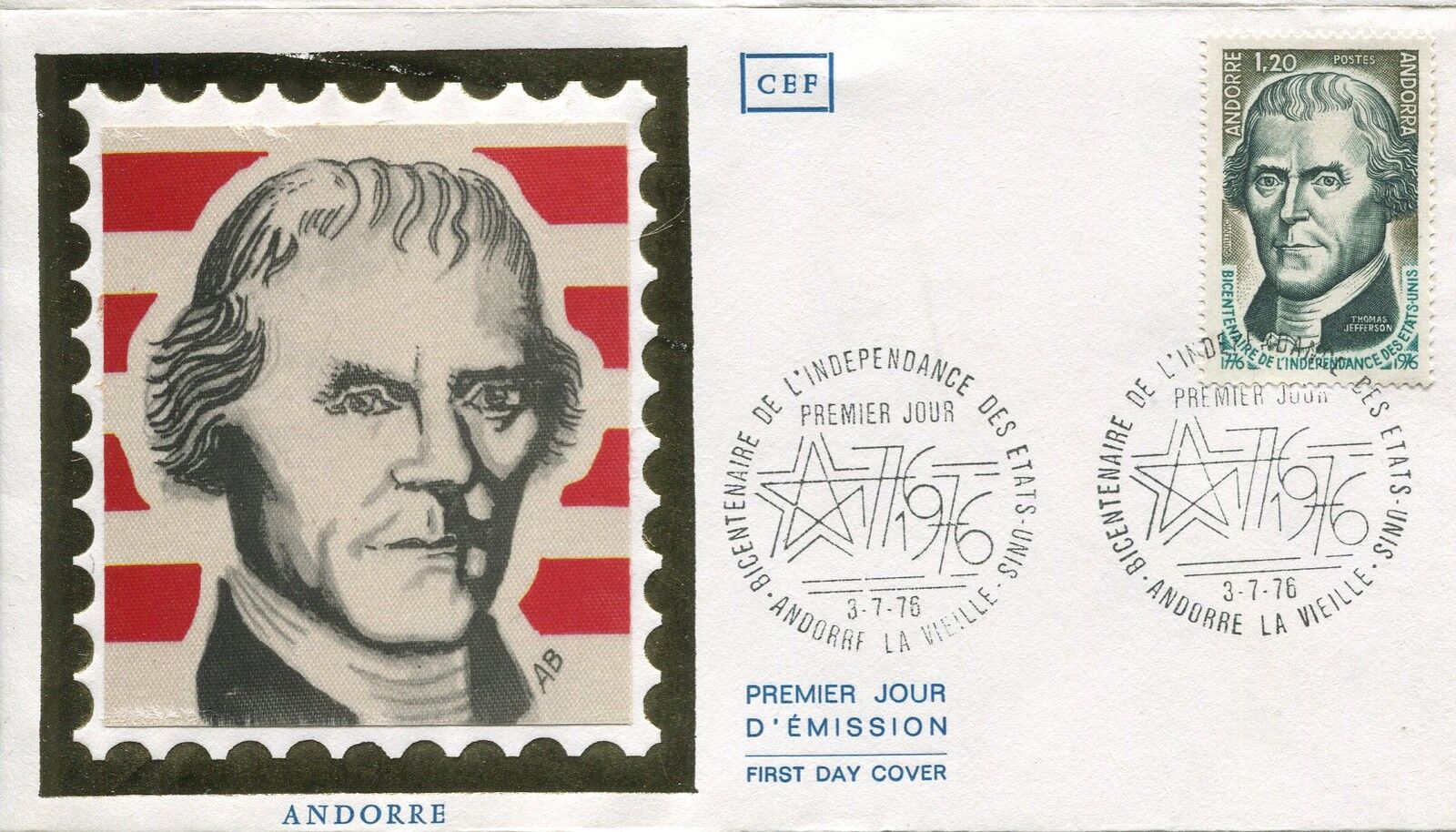 FDC PREMIER JOUR ANDORRE 1976 TIMBRE N 255 THOMAS JEFFERSON 121463025811