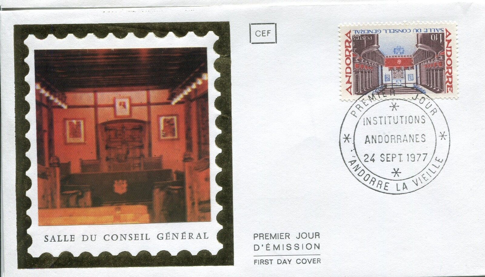 FDC PREMIER JOUR ANDORRE 1977 TIMBRE N 265 SALLE DU CONSEIL GENERAL 121462949011